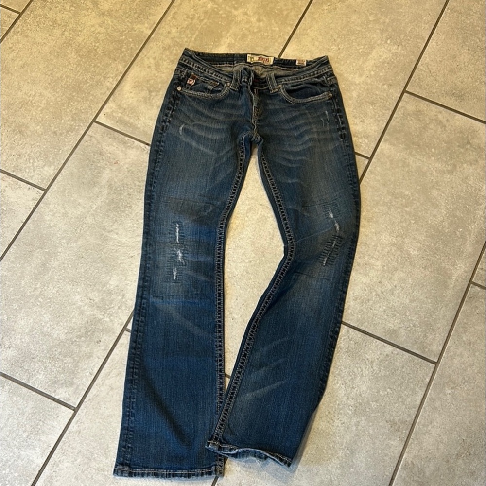 Blue Distressed Denim Jeans with Gold Stitching